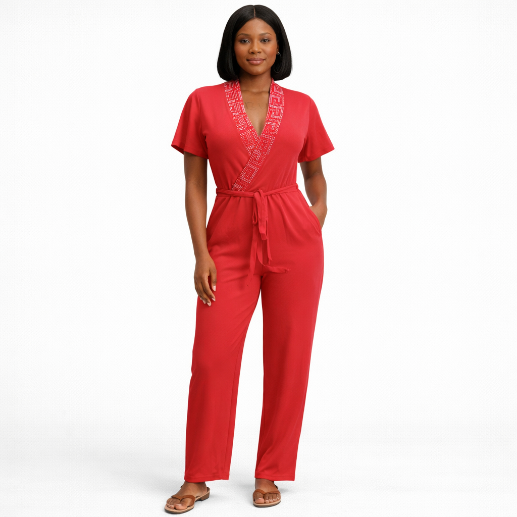 Stylish Women Red Short Sleeve V Neck Wrap Jumpsuit with Belt